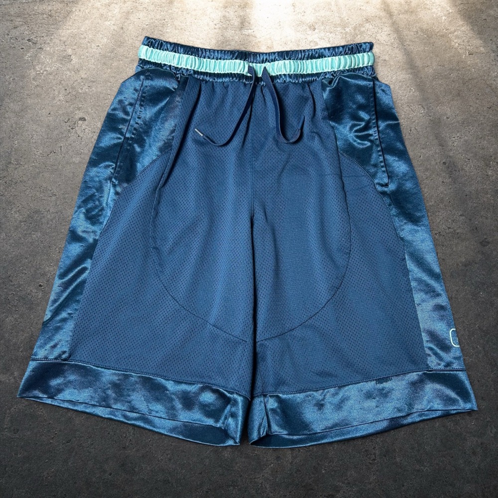 AND1 Basketball Shorts Blue Teal Satin Mesh Baggy Y2K Retro Mens Size Medium